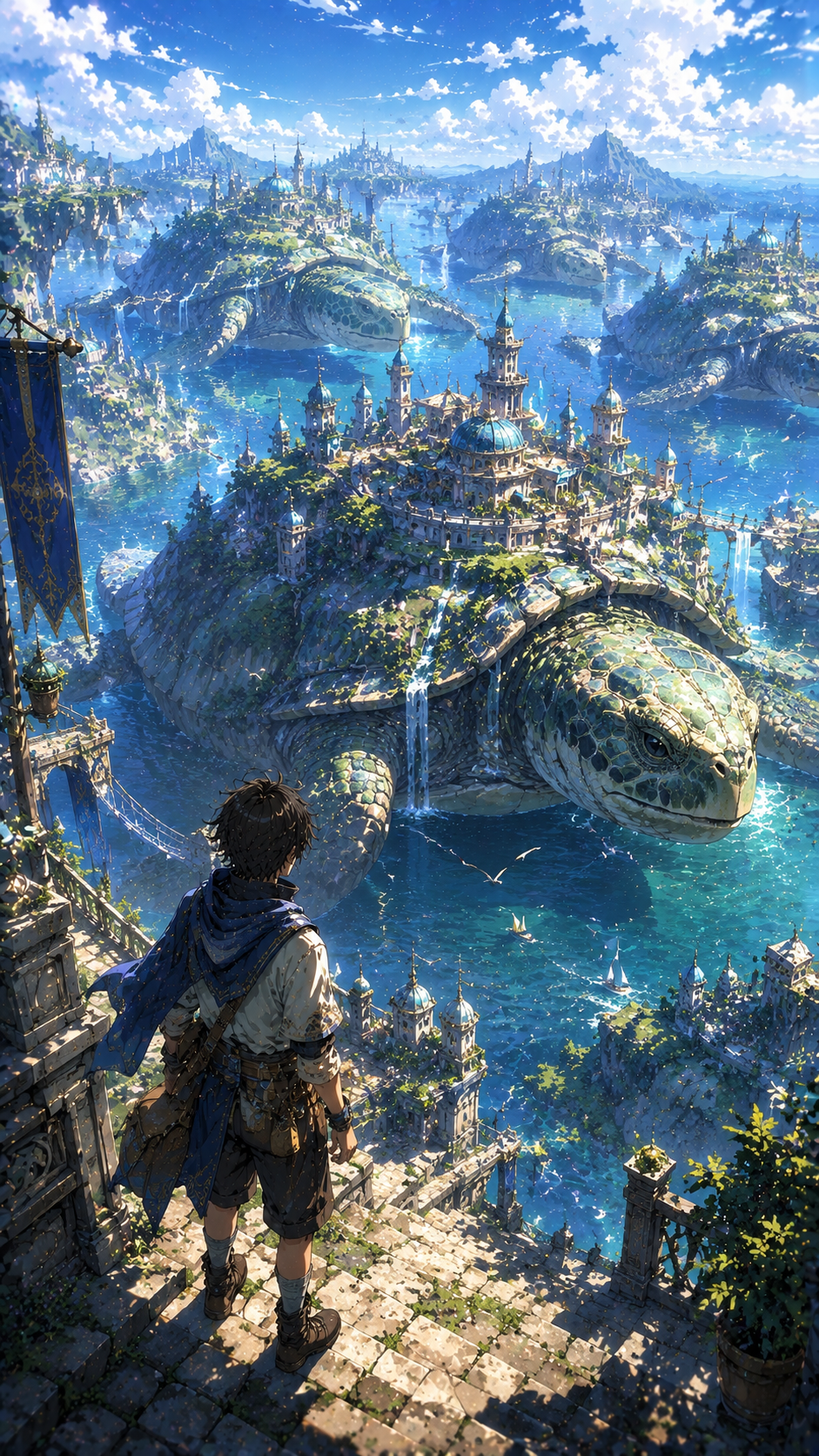 Boy Overlooking A Floating Island Garden