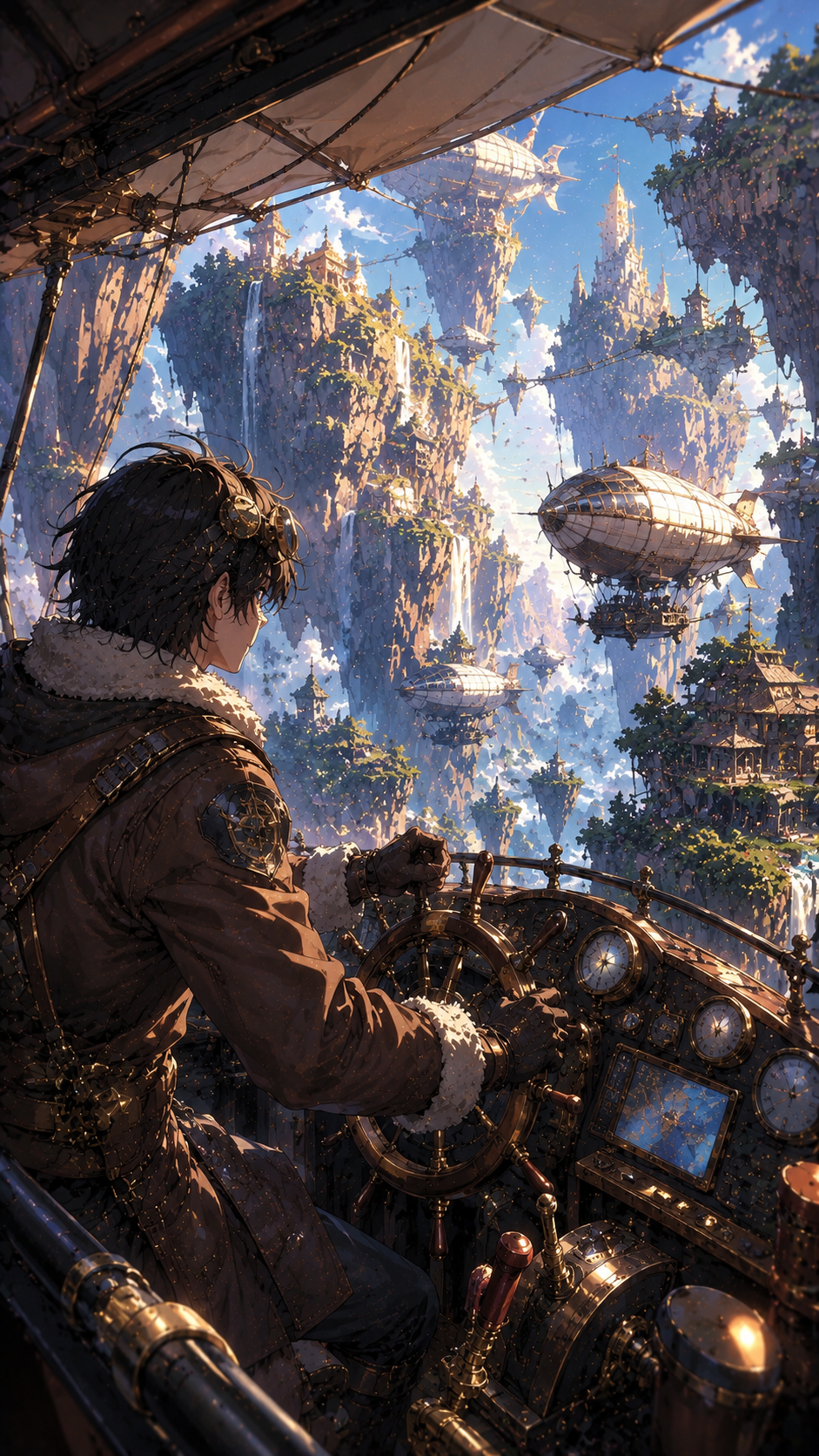 Boy in An Airship Cockpit Above Cliffs