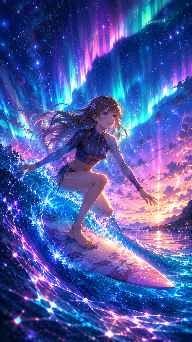 Anime Girl Surfing A Cosmic Aurora Wave