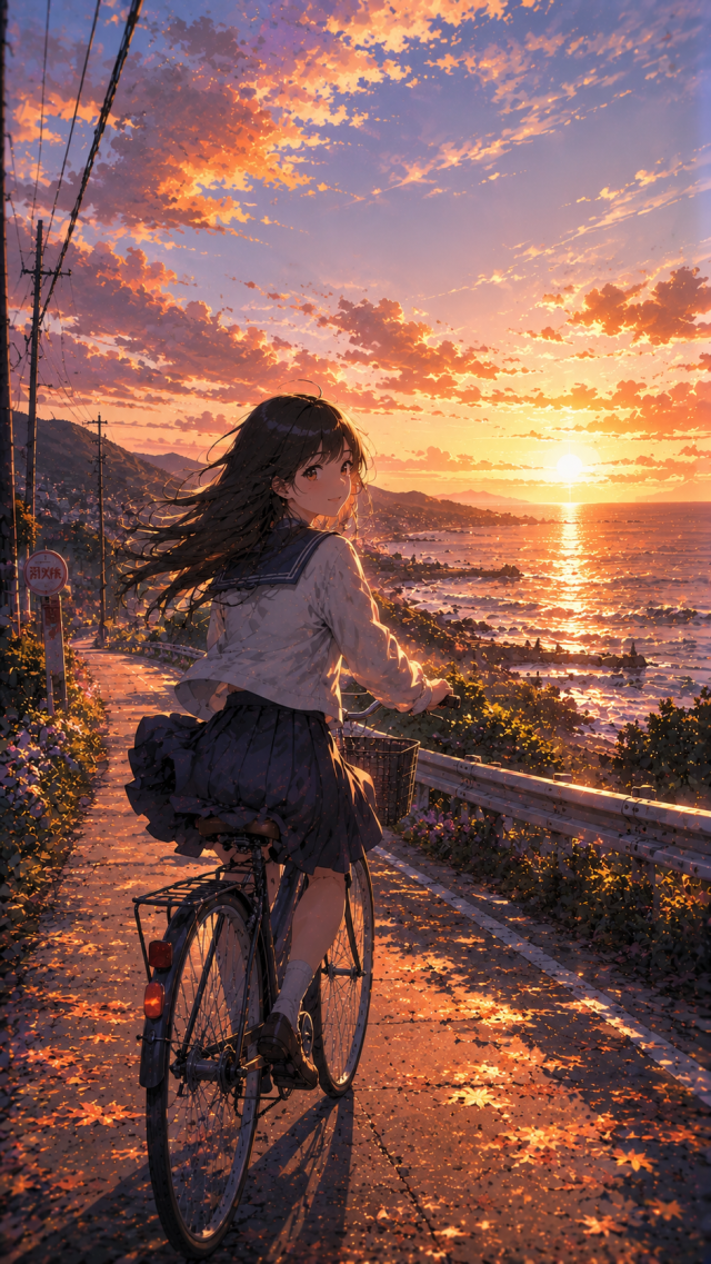 Schoolgirl Biking Along A Sunset Seaside Road