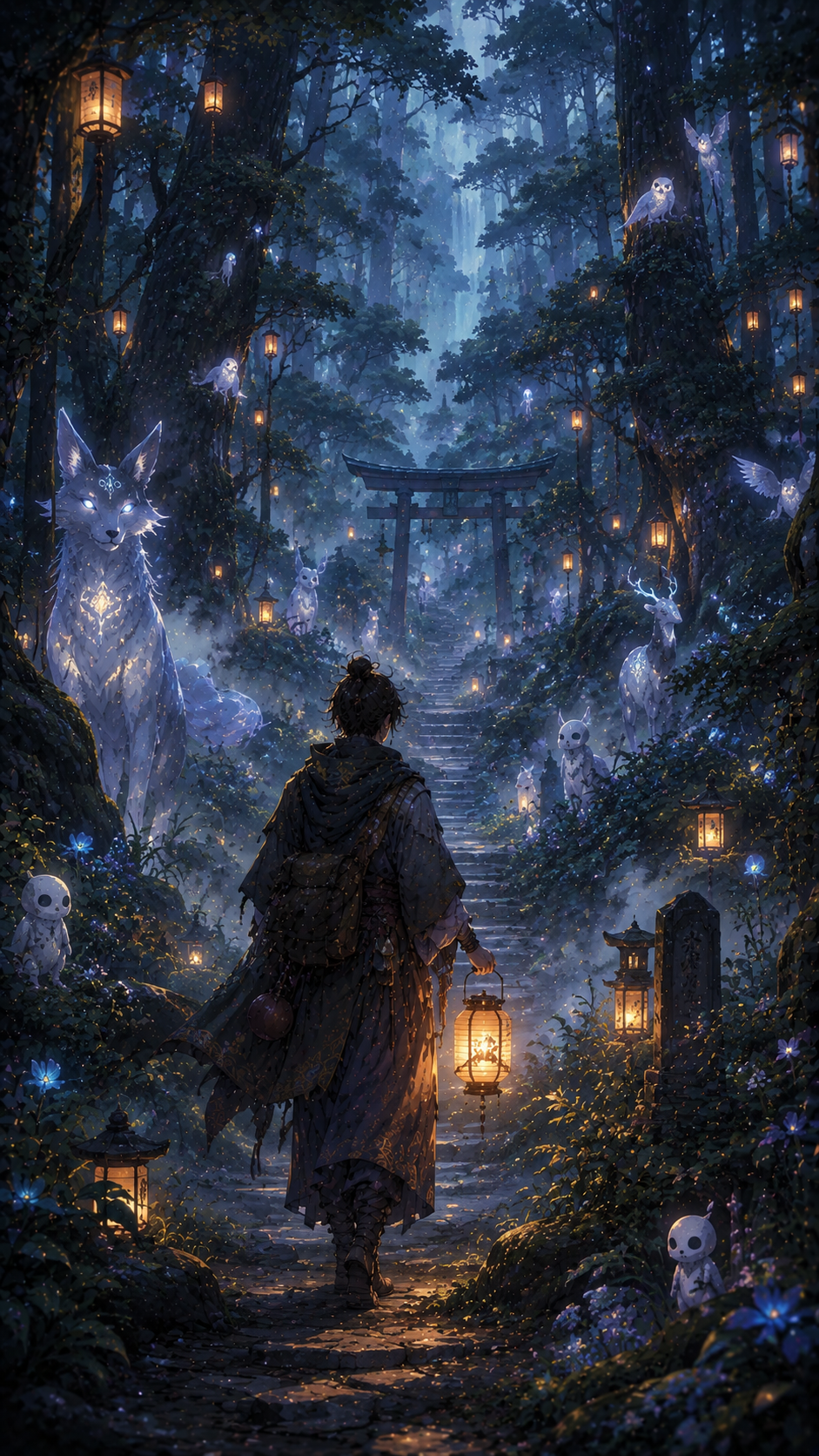 Boy Walking Through A Lantern Forest with Spirits