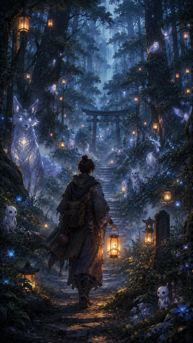 Boy Walking Through A Lantern Forest with Spirits