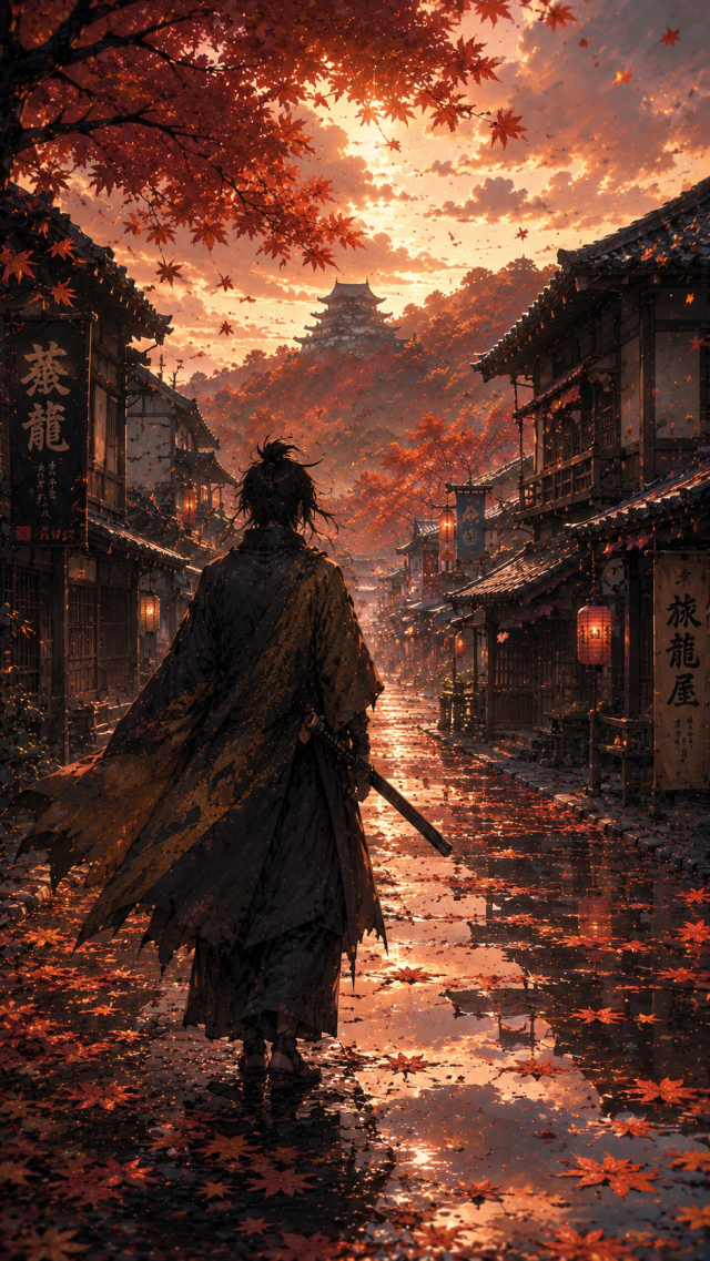 Samurai Walking An Autumn Village Street