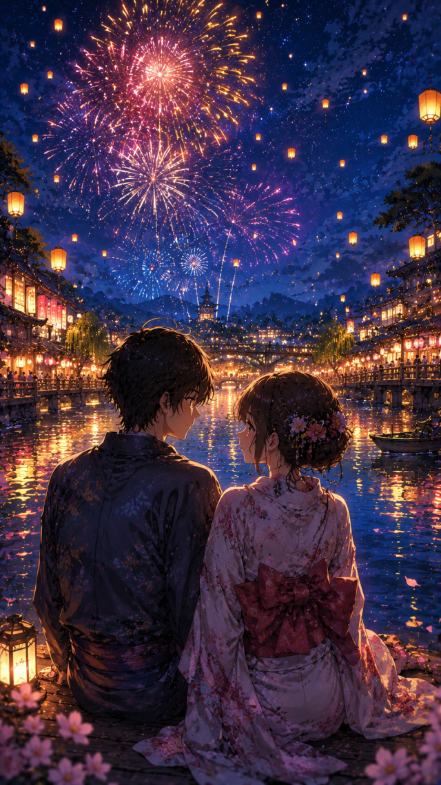 Couple Watching Fireworks by the River