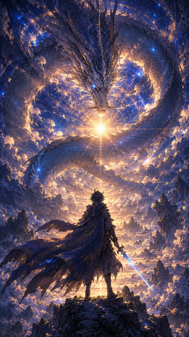 Cloaked Warrior Facing A Sky Dragon at Sunset
