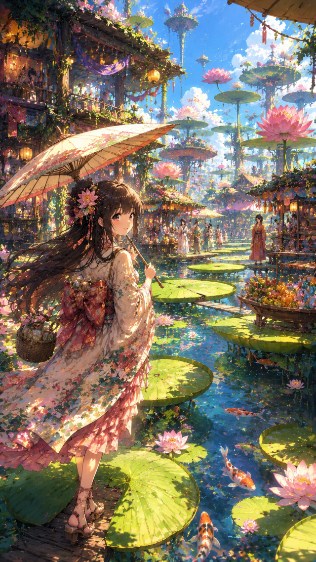 Girl in A Lotus Pond Fantasy City