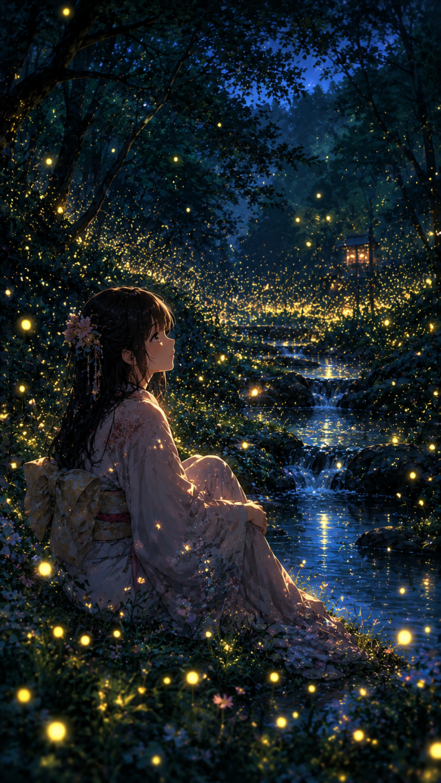Girl Beside A Firefly River
