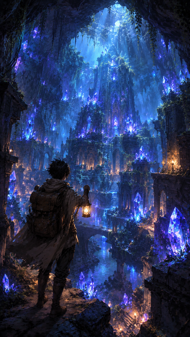 Boy in A Blue Crystal Cave City