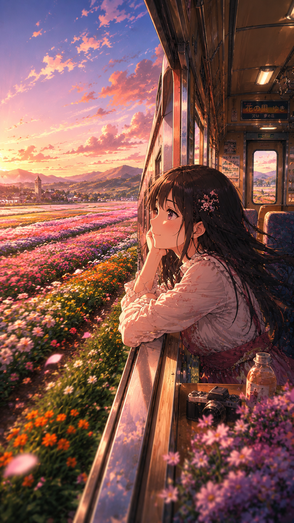 Girl on A Train Above Flower Fields
