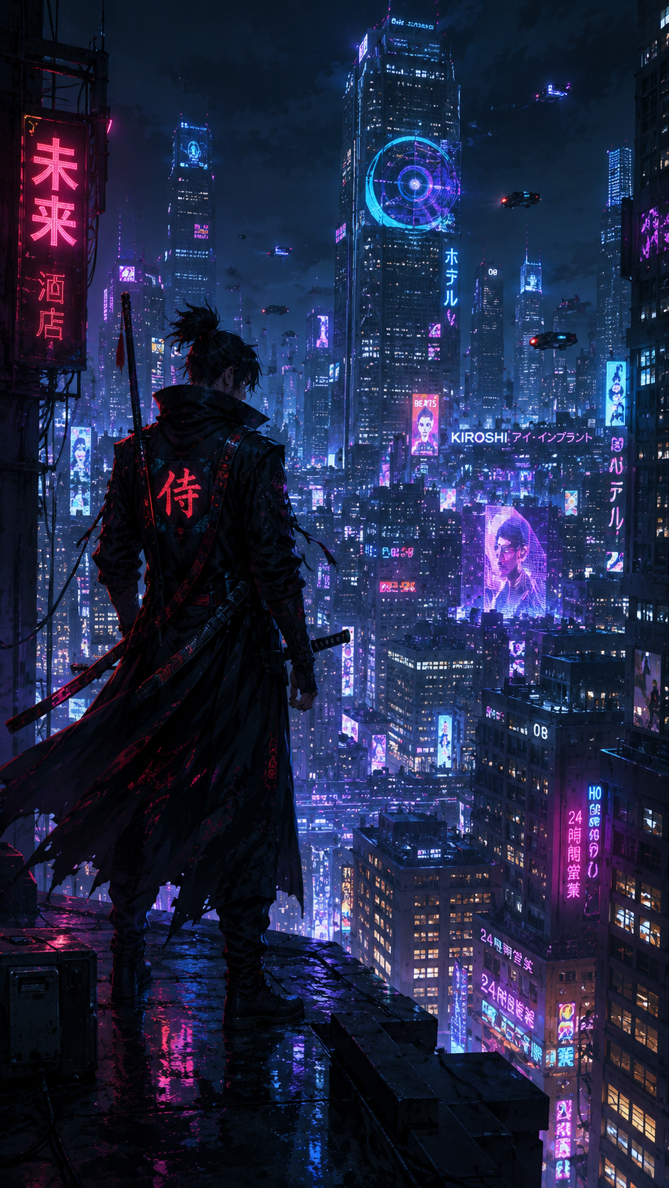 Cyberpunk Anime Swordsman in Neon City