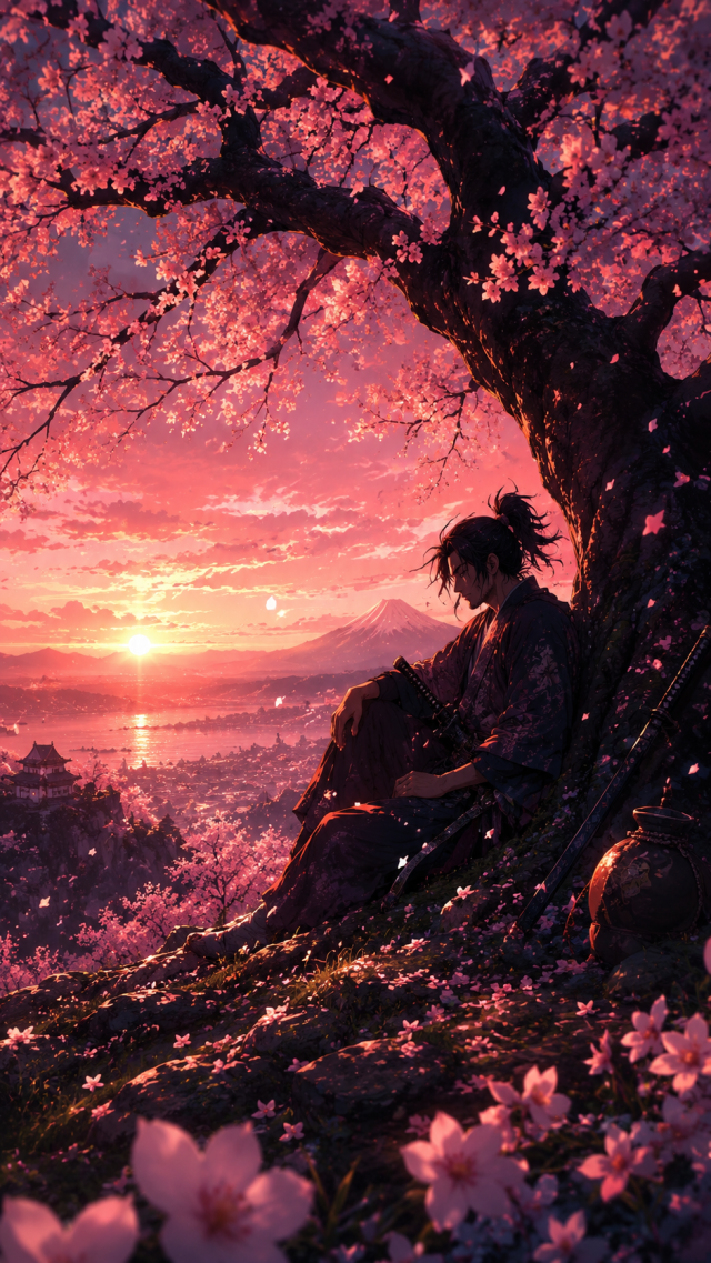 Boy Beneath A Pink Cherry Tree at Sunset