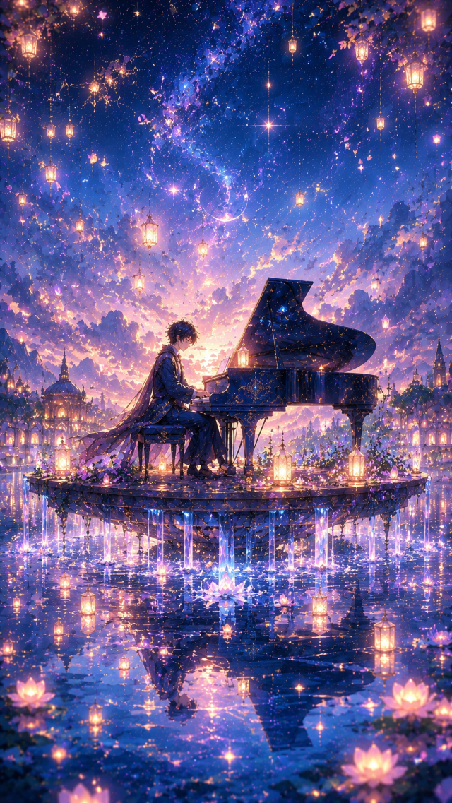 Girl Playing Piano on A Glowing Lake