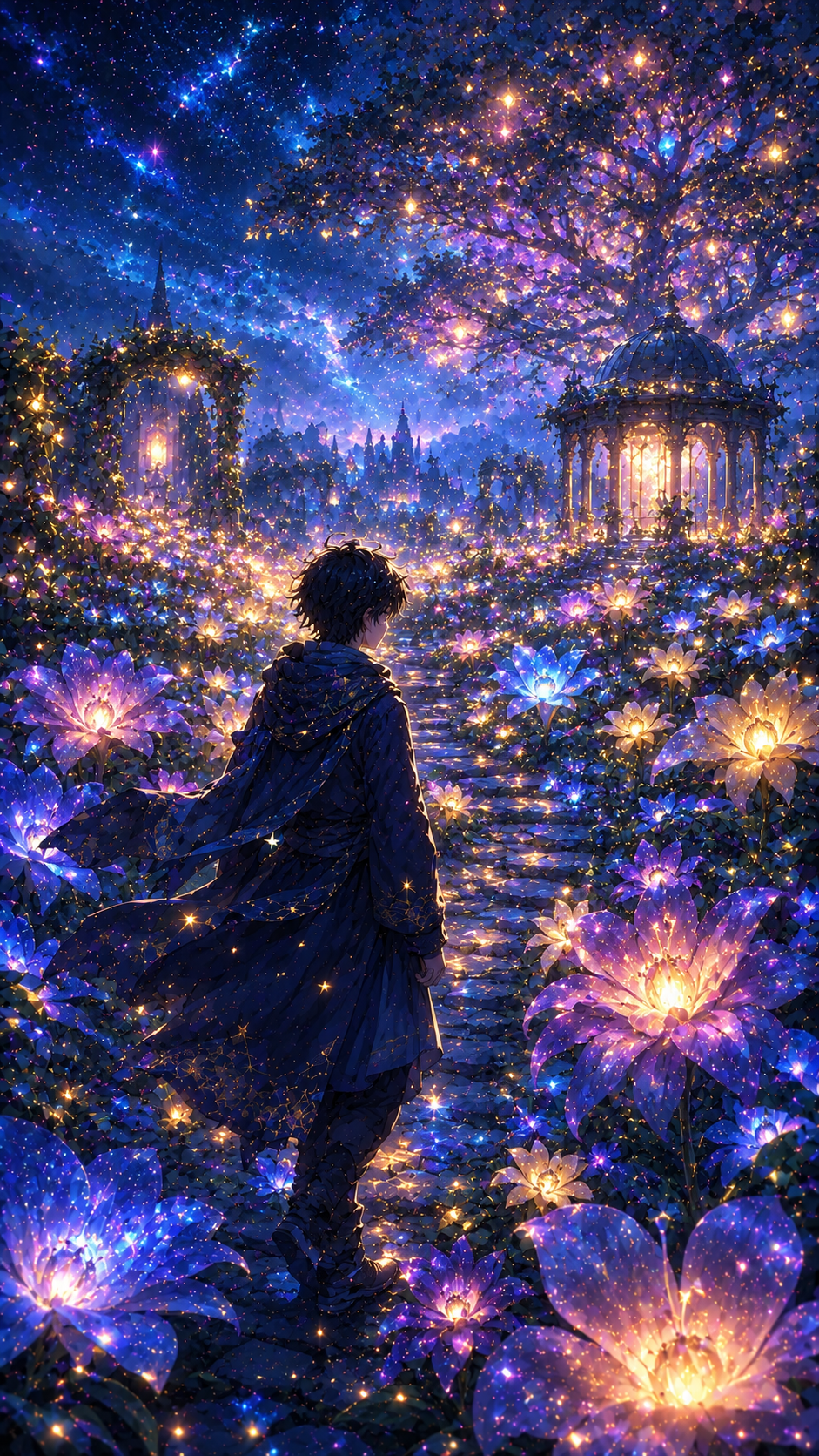 Boy in A Glowing Blue Flower Garden