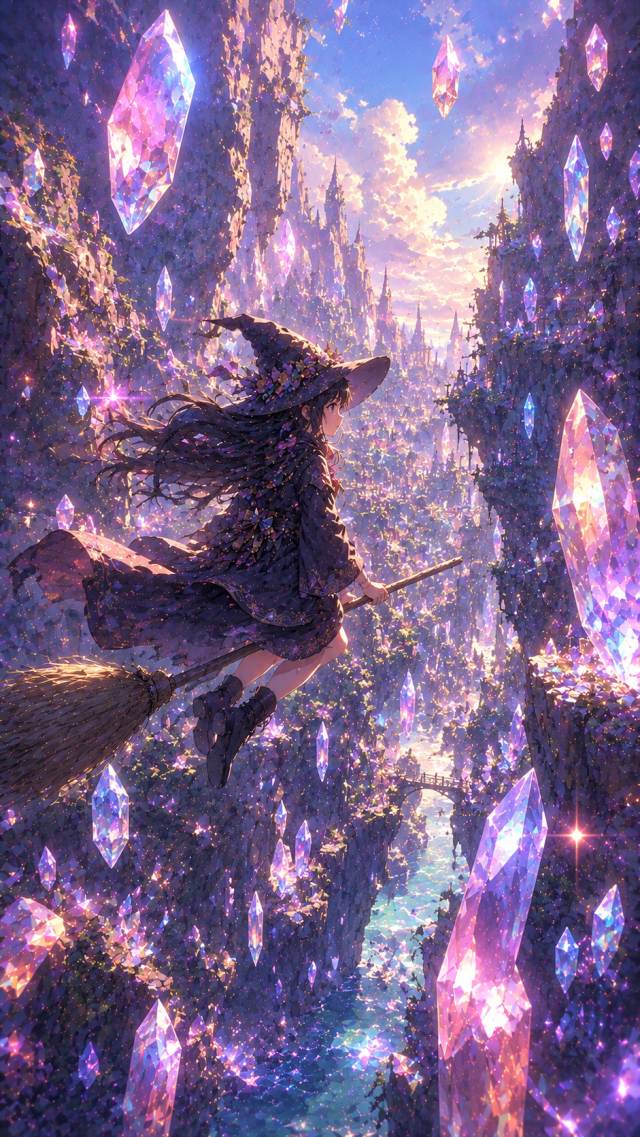 Girl Floating Among Purple Crystals