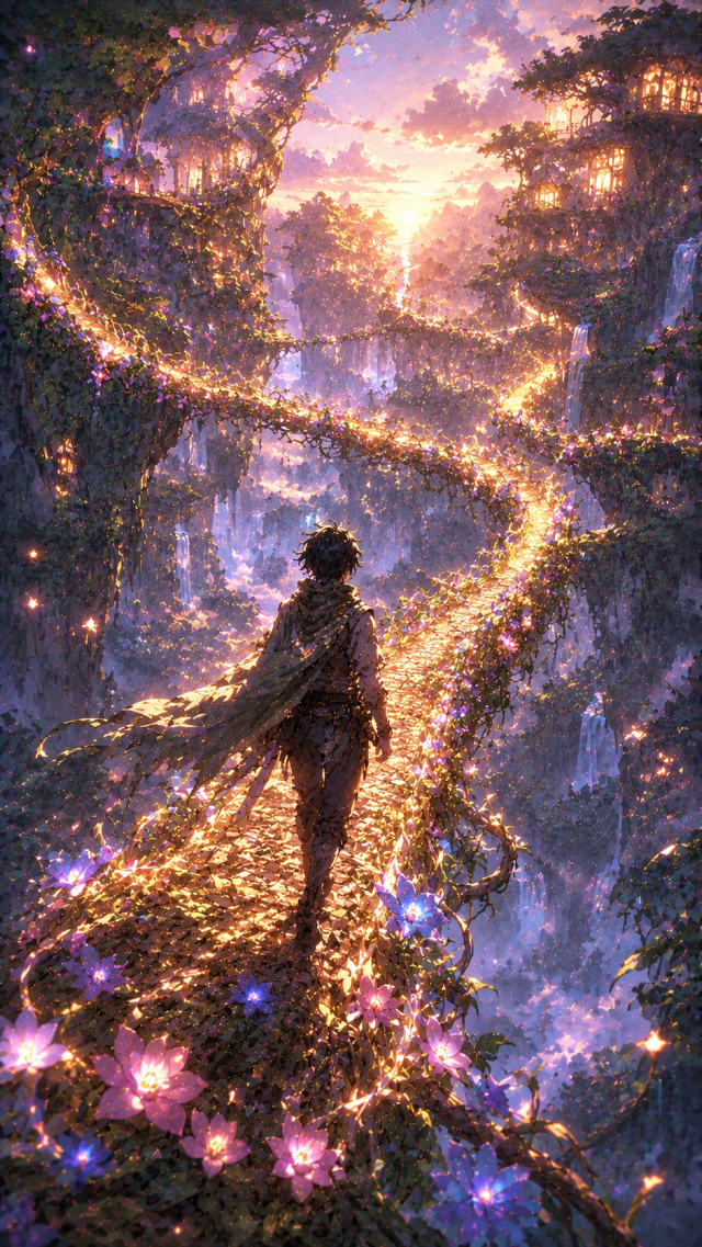 Girl Walking A Glowing Floral Path