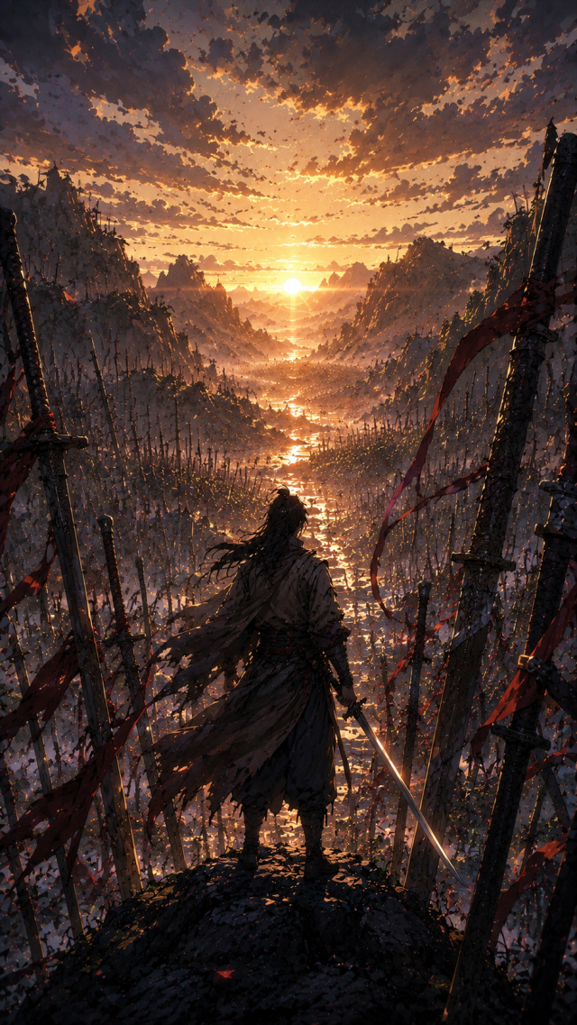 Warrior in A Ruined Red Sunset Forest