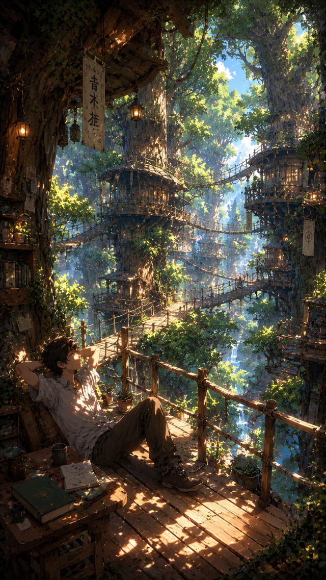 Person in A Forest Treehouse Village