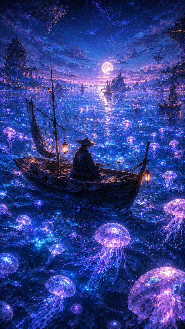 Boatman on A Glowing Jellyfish Sea