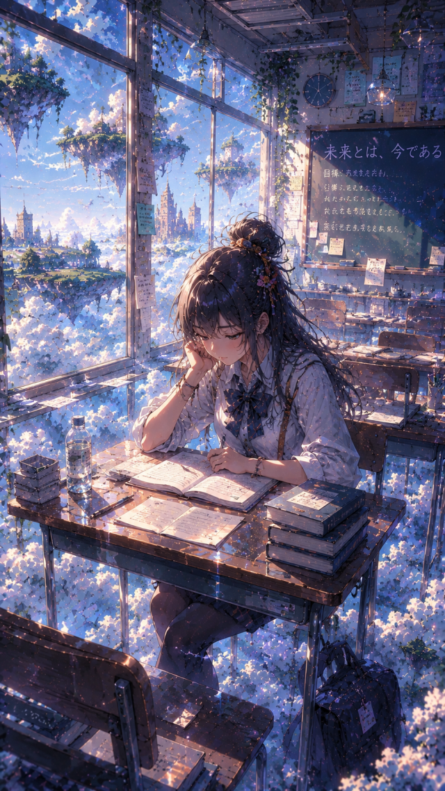 Student Girl in A Glass Classroom Above the City