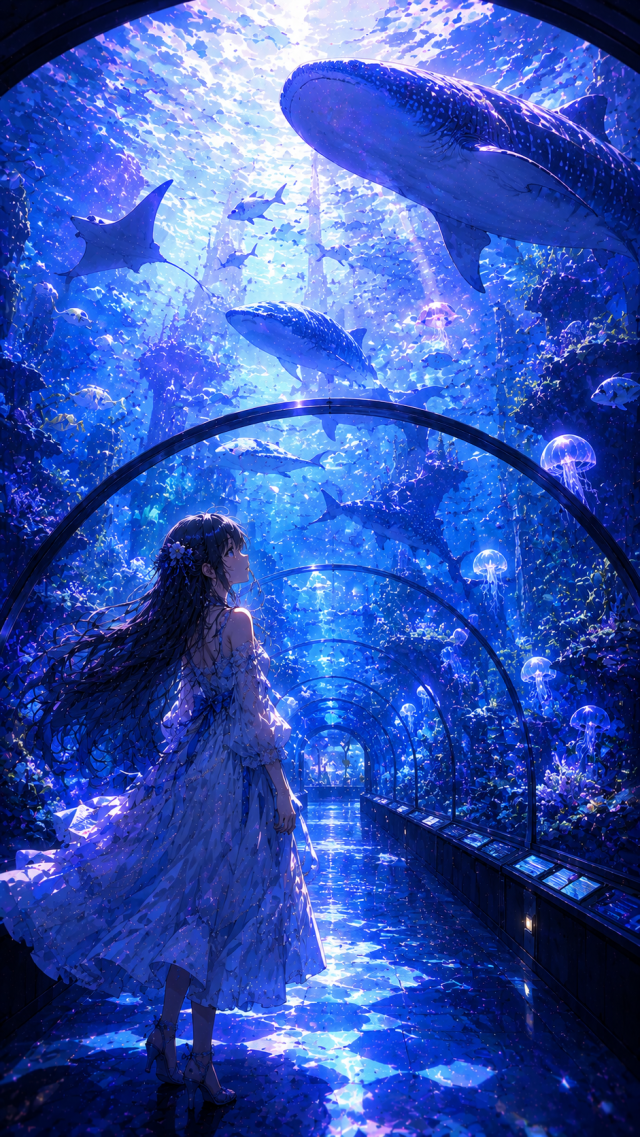 Girl in An Aquarium Tunnel with Whales
