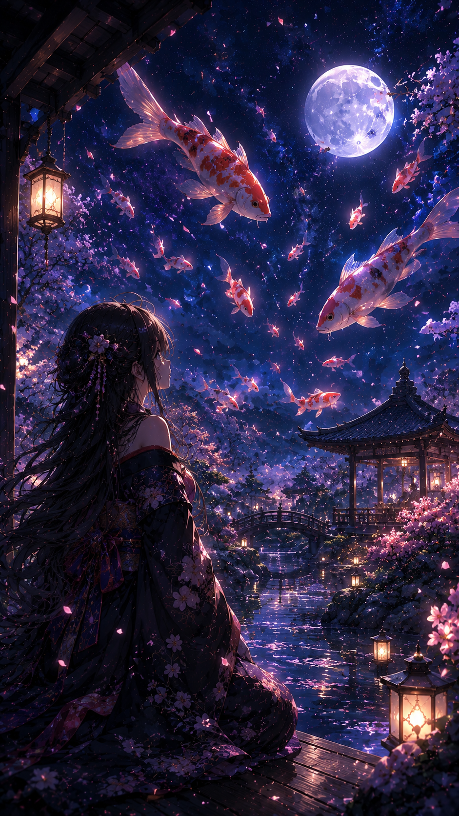 Girl under the Moon with Koi Lanterns