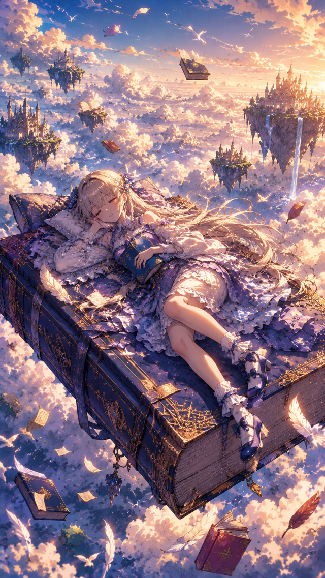Sleeping Girl on A Suitcase Above the Clouds
