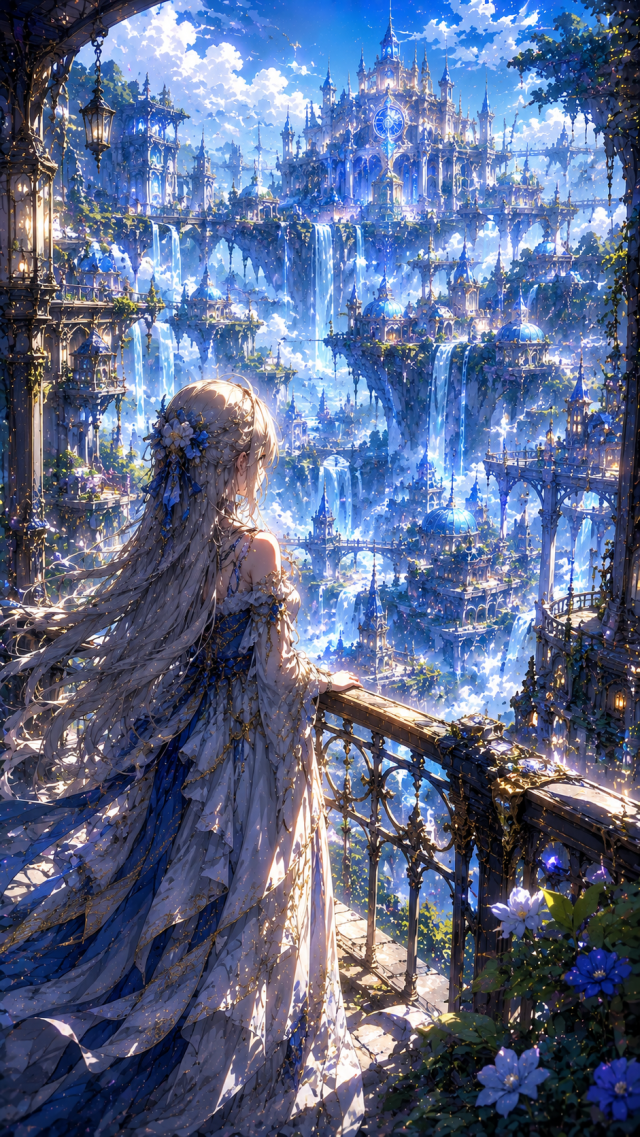 White-Haired Girl Above A Blue Crystal City
