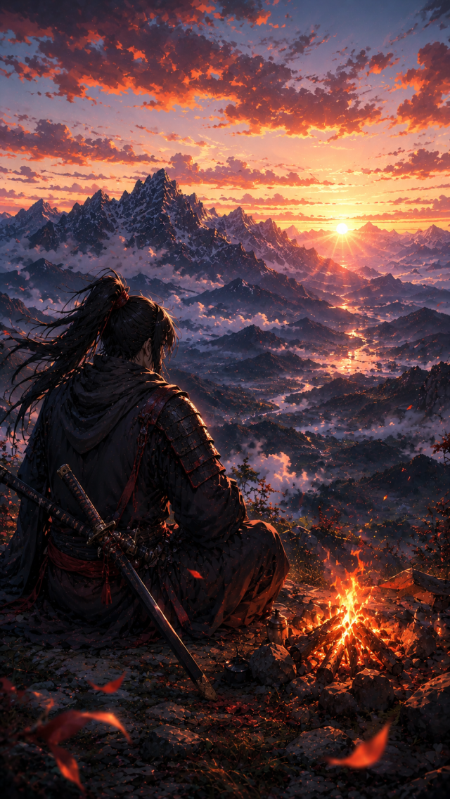 Samurai at A Campfire over Sunset Mountains
