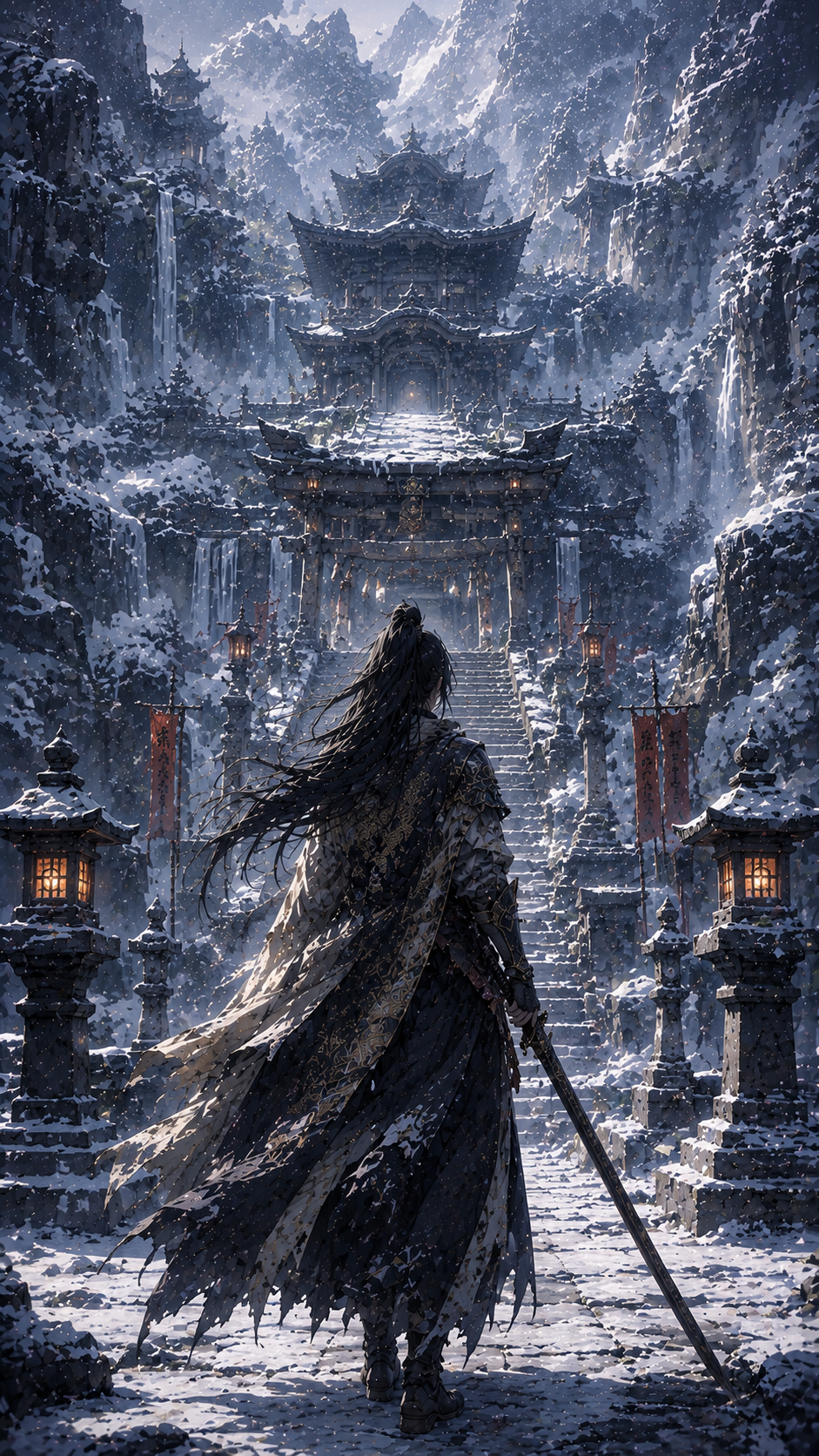 Warrior at A Snowy Mountain Temple Gate