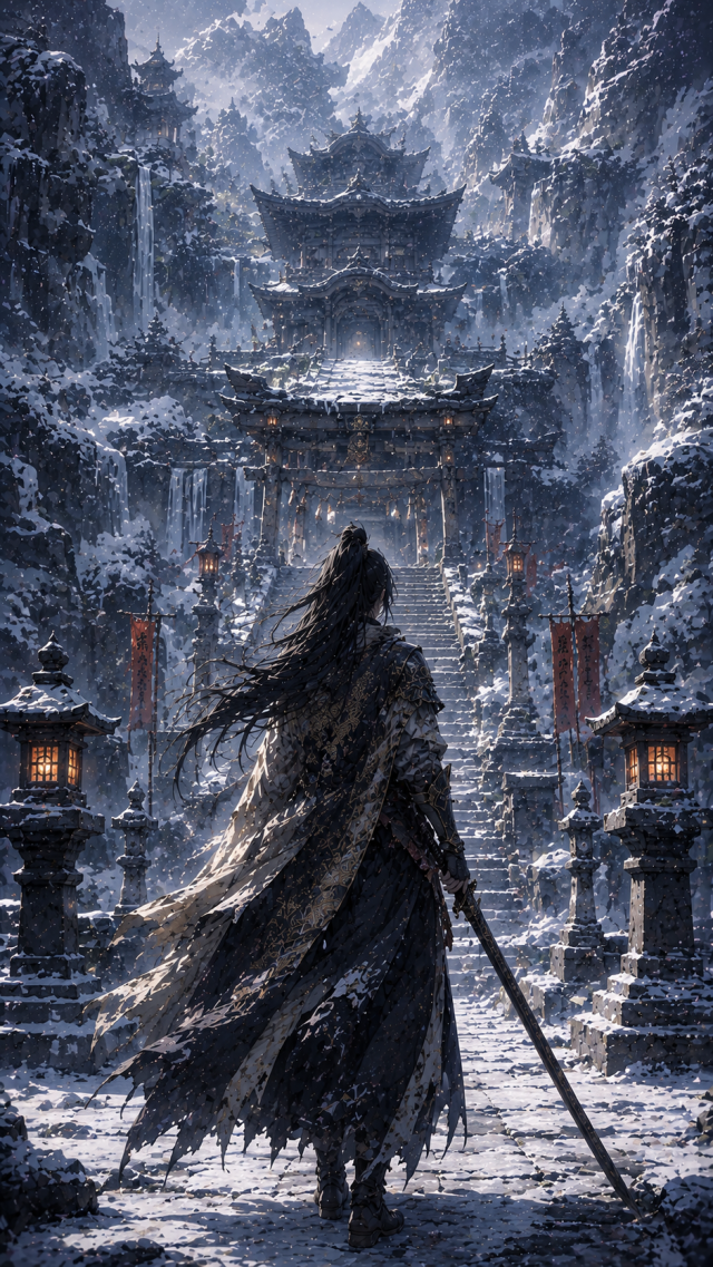 Warrior at A Snowy Mountain Temple Gate