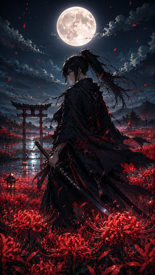 Samurai Beneath Full Moon and Red Spider Lilies