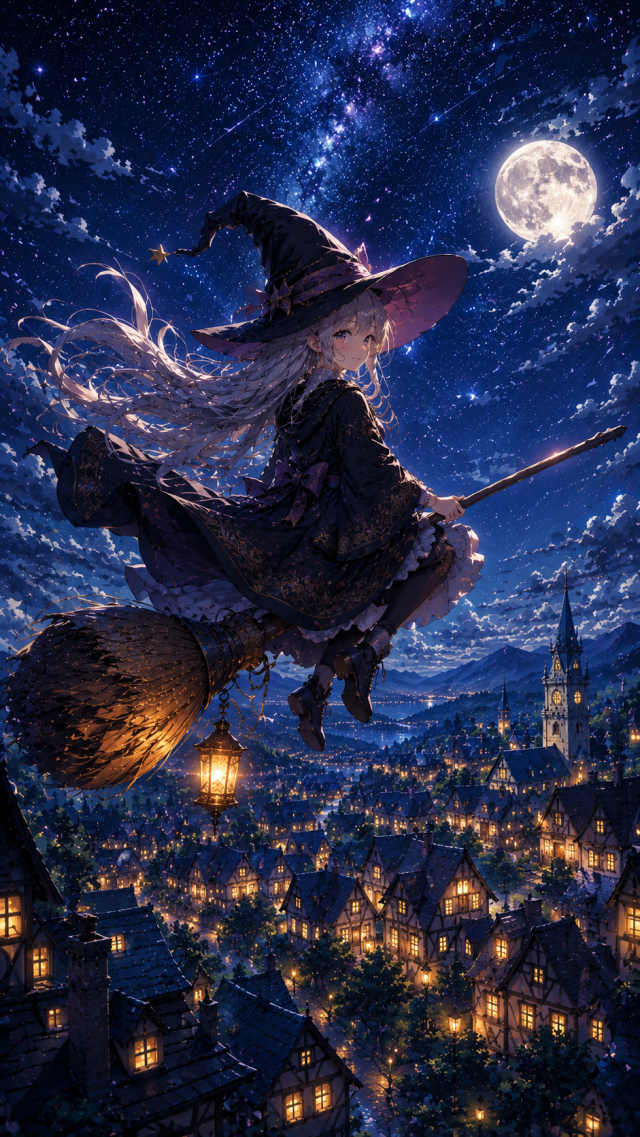 Witch Girl Flying over A Moonlit Town