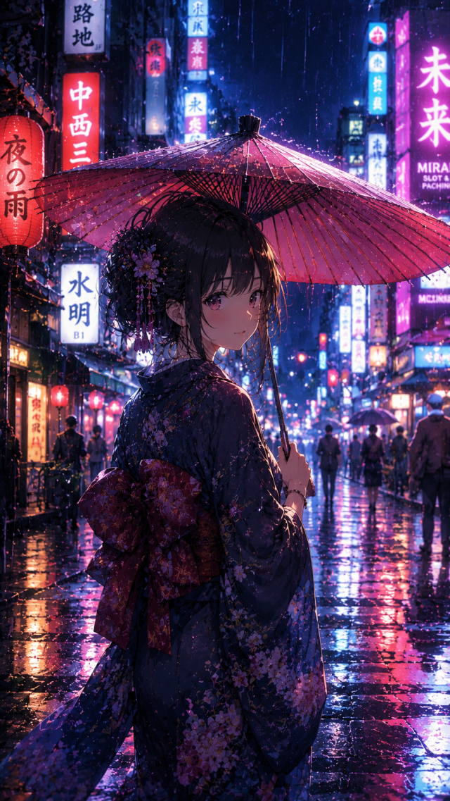 Kimono Girl with Pink Umbrella in Neon Rain