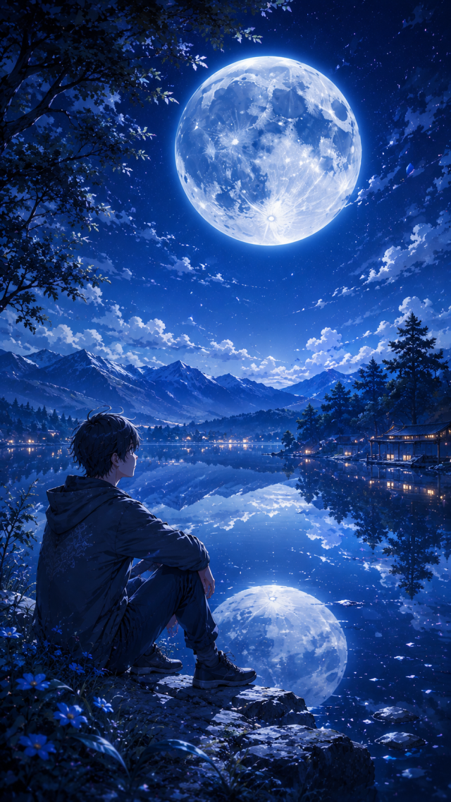 Boy by A Moonlit Lake Reflection