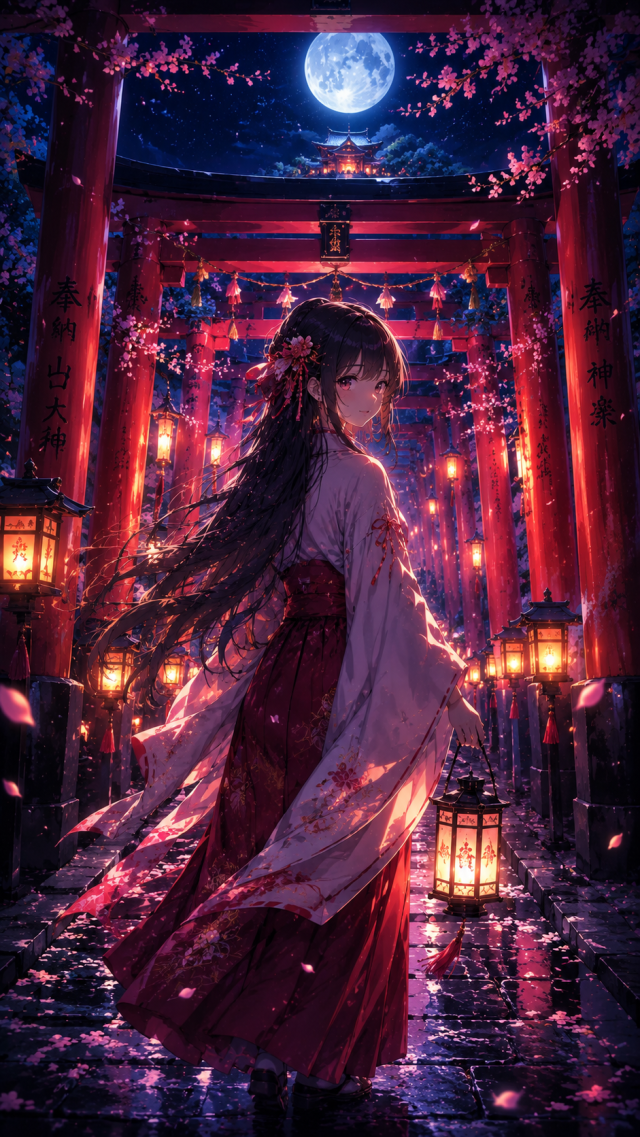 Girl at A Red Torii Shrine under the Full Moon