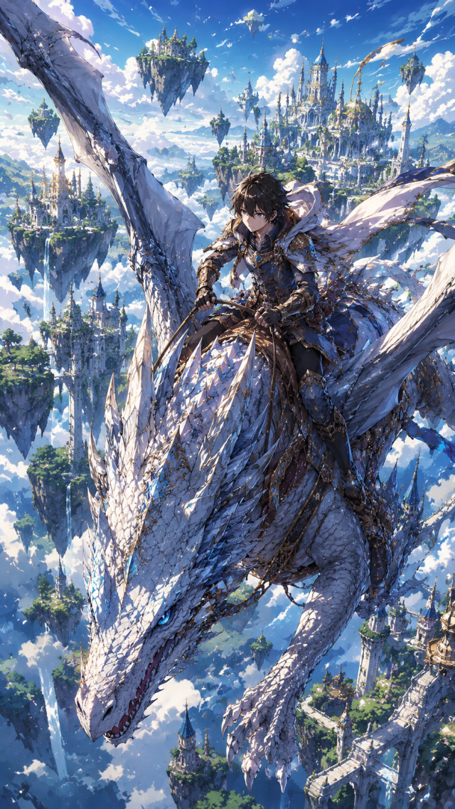 Armored Rider on White Dragon Above A Floating City