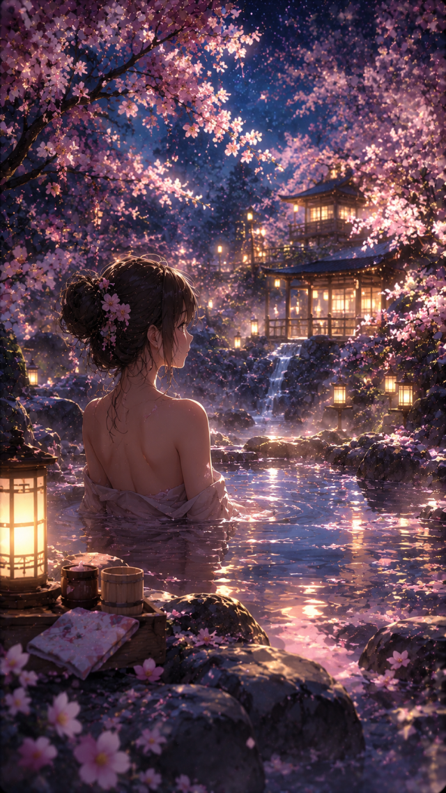 Girl Sitting at A Cherry Blossom Lakeside