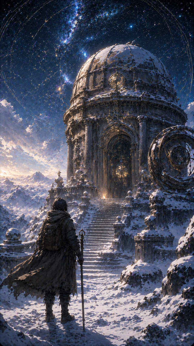 Traveler Approaching A Snowy Observatory Tower