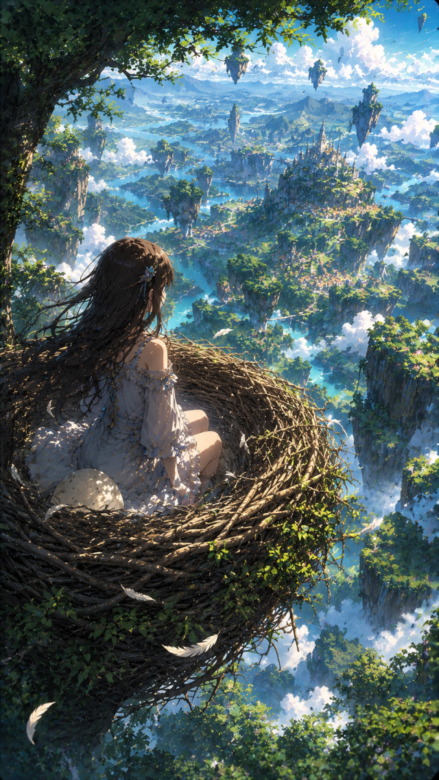 Girl in A Nest Above Green Floating Islands