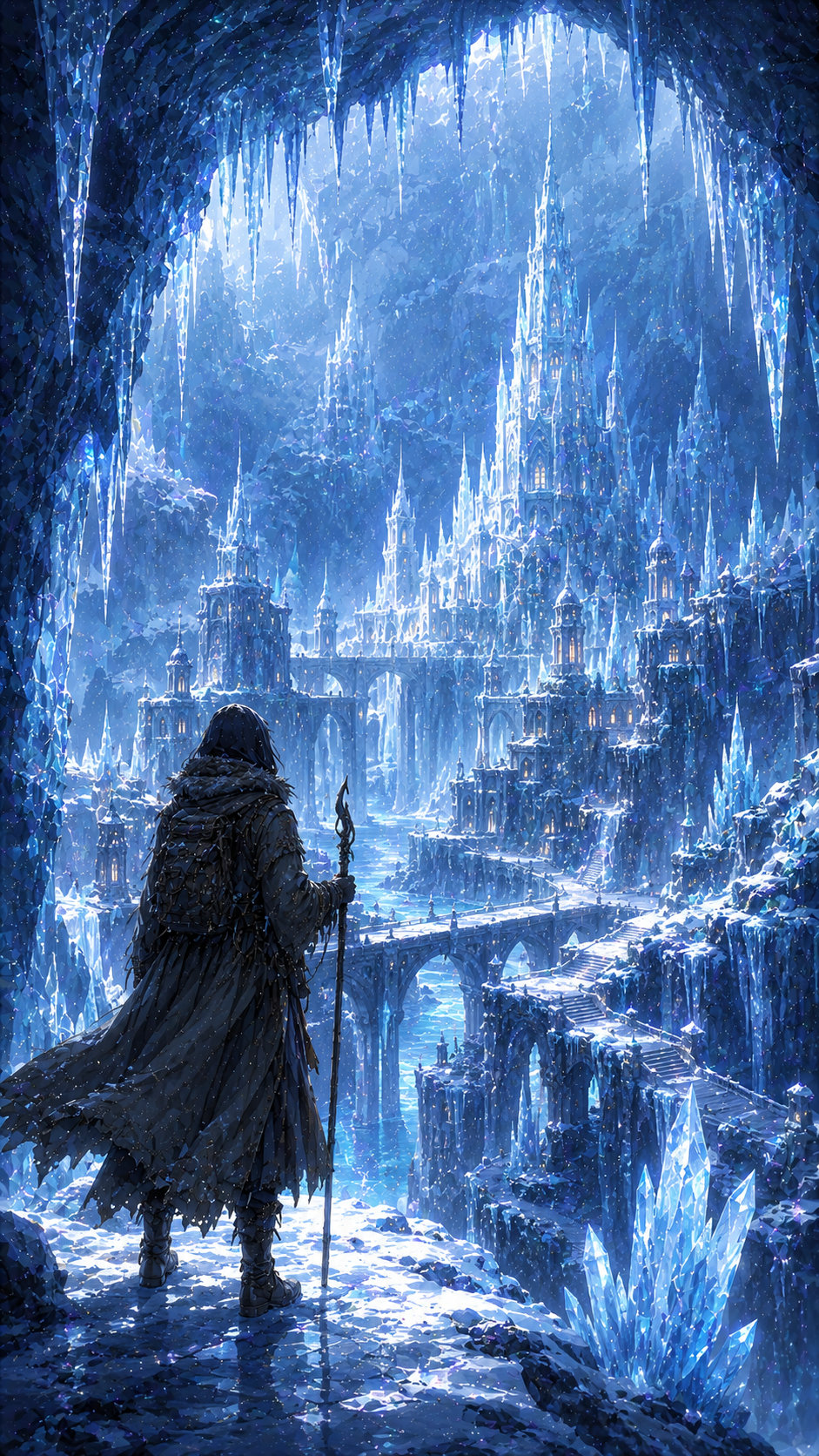 Cloaked Figure in An Ice Cave City