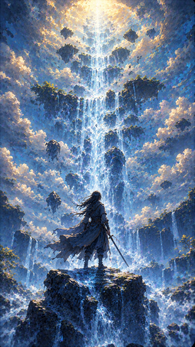 Warrior Before A Towering Cloud Waterfall