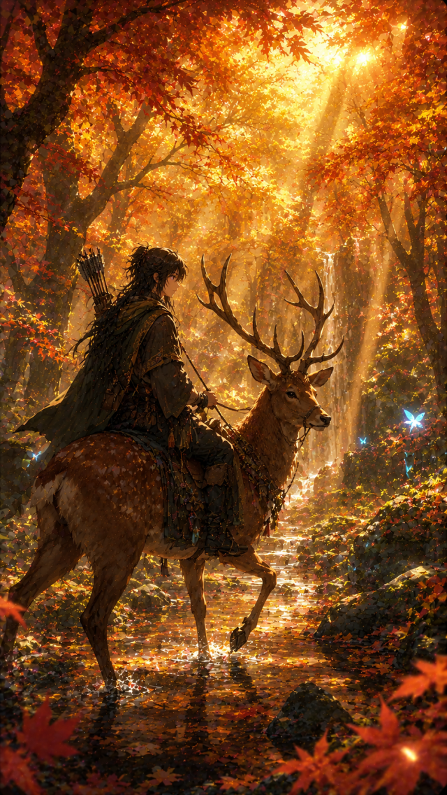 Rider on A Deer in Golden Autumn Forest