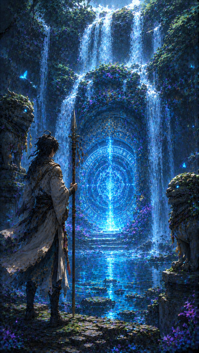 Boy at A Glowing Waterfall Portal