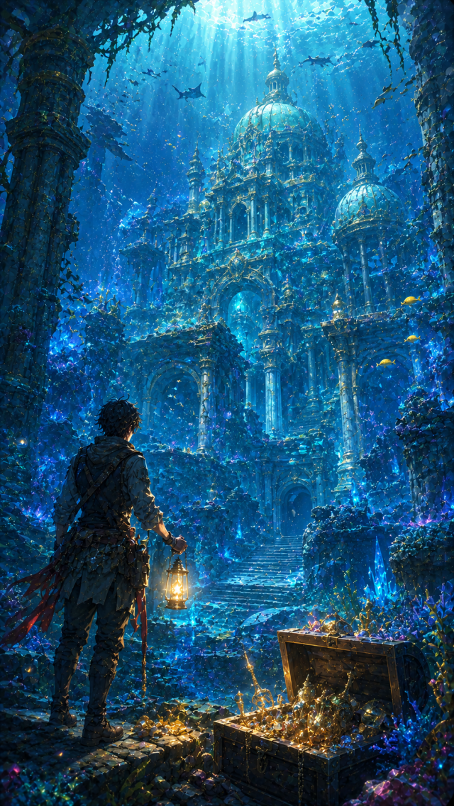 Boy Finding Treasure in Underwater Ruins