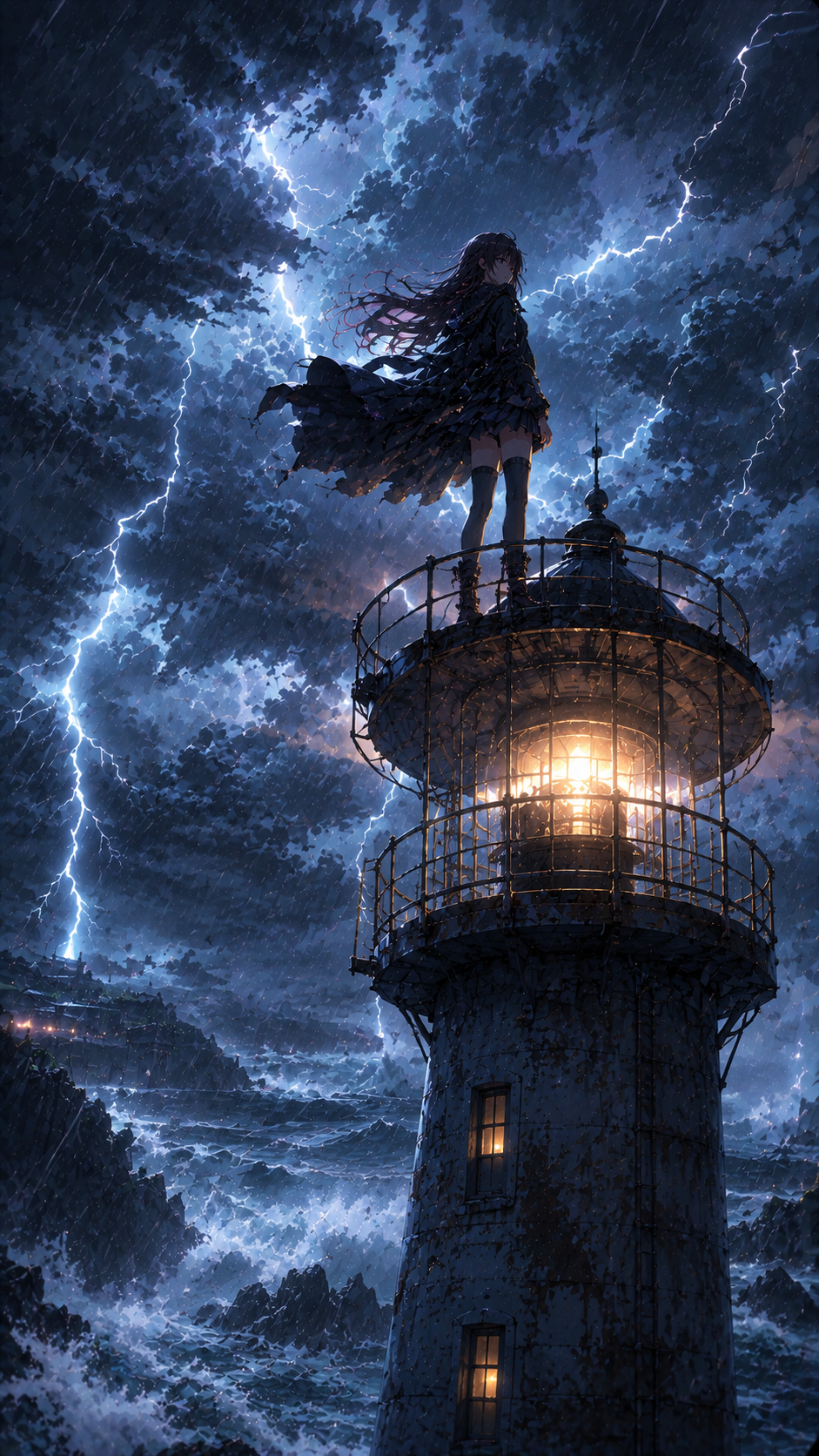 Girl on A Lighthouse Balcony in A Storm