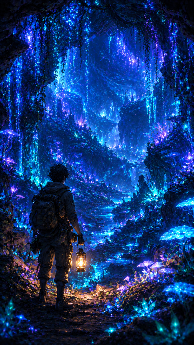 Boy in A Blue Bioluminescent Cave