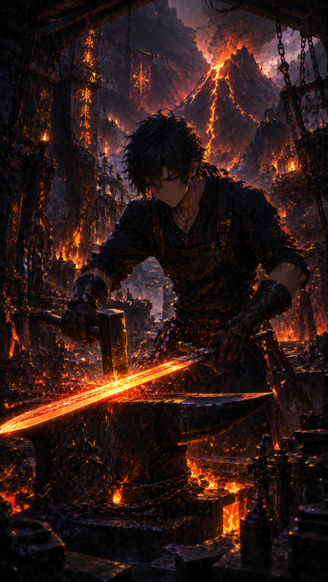 Anime Blacksmith Forging A Glowing Sword