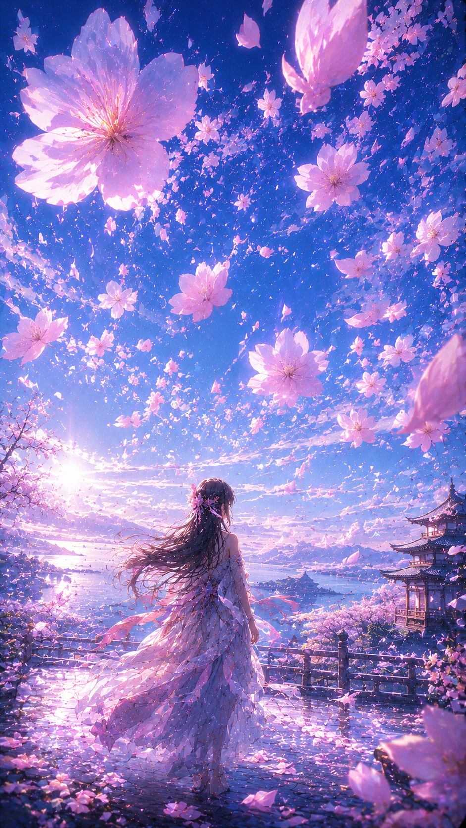 Girl in A Pink Blossom Sky by A Lake