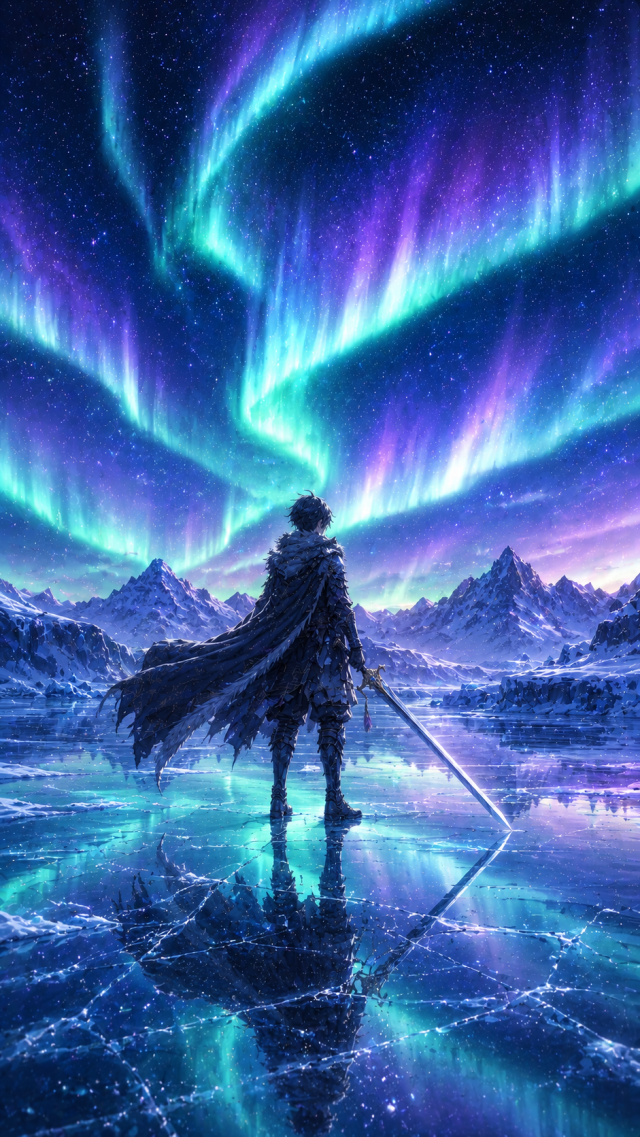 Warrior Beneath Aurora on An Ice Lake