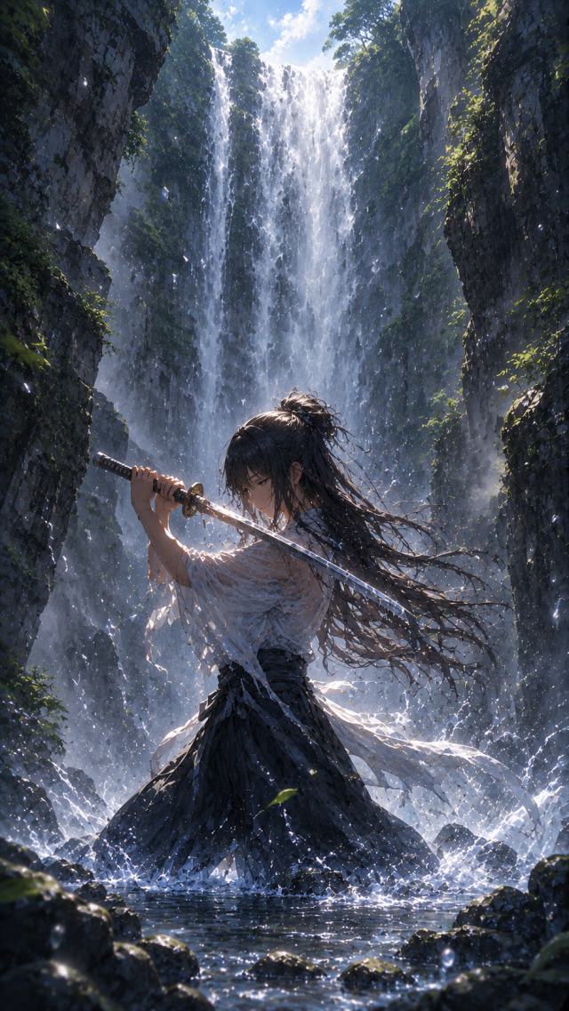 Girl with Sword at A Waterfall